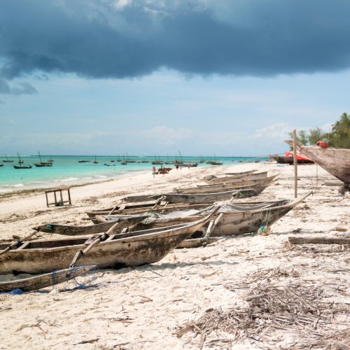 landscape with fishing boats on the shore, Zanzibar