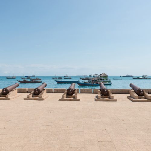 waterfront of Stone Town with cannons in Zanzibar